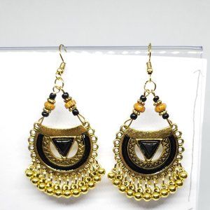 Black Triangle Center Golden Dangle Long Earrings